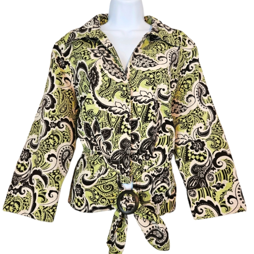 NWOT Silkland green white & black paisley floral silk jacket Womens 14